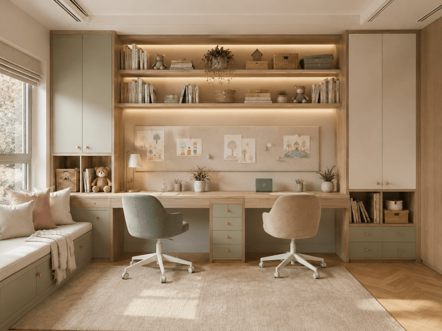 Detailed premium study cabinetry with warm oak, integrated shelves, soft lighting, sage accents and child-focused storage.