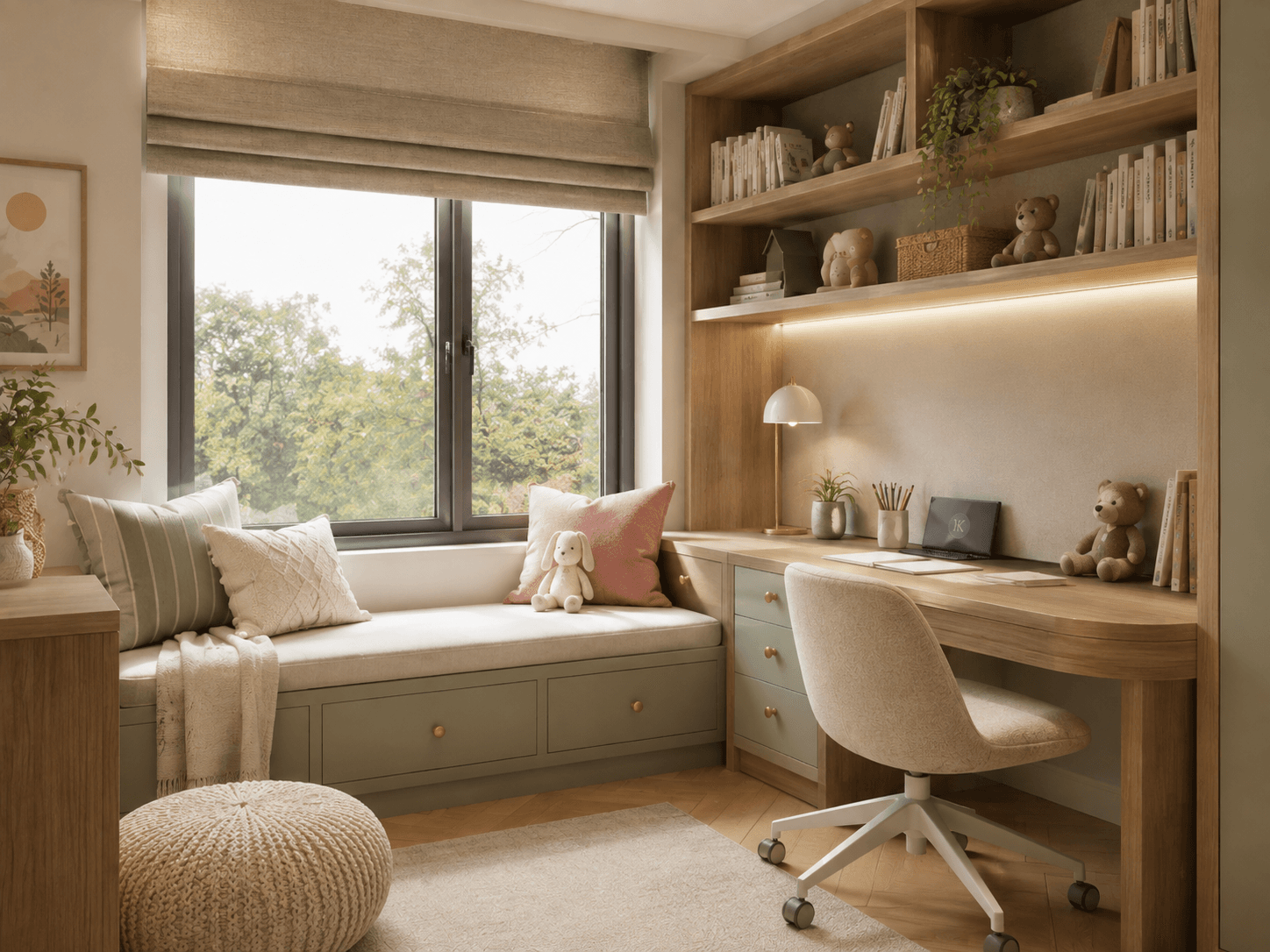 Warm children's creative study nook with desk, books, pin-up area, natural light and integrated storage.