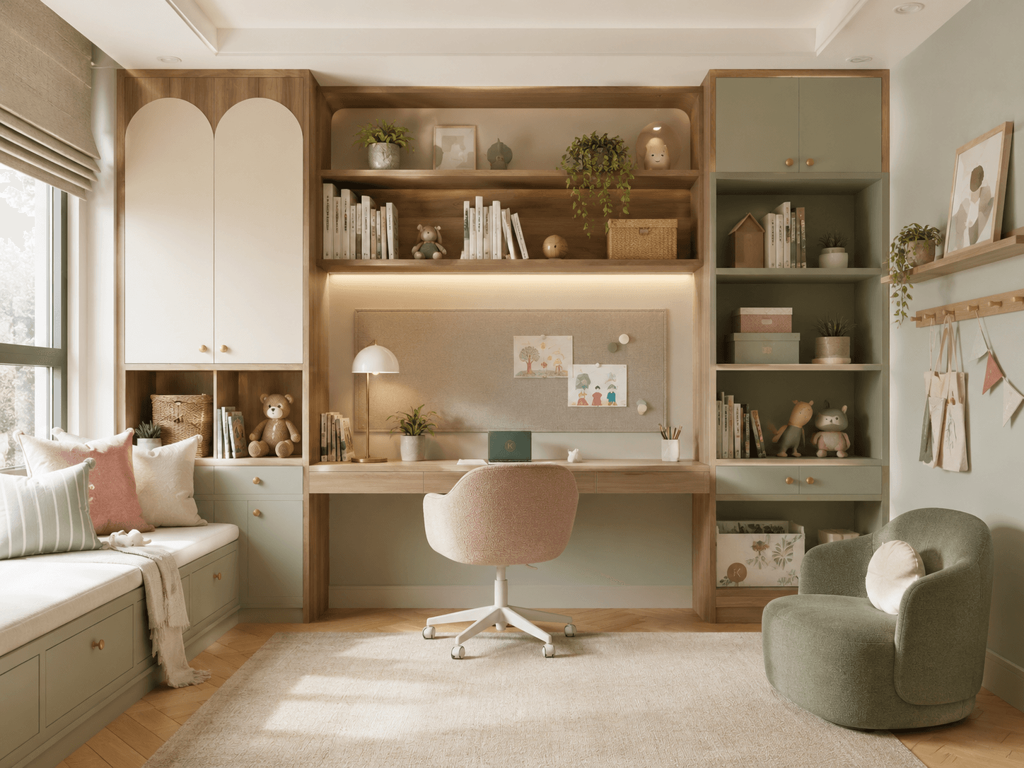 Calm built-in study zone with oak desk, integrated shelving, warm lighting and ergonomic seating.