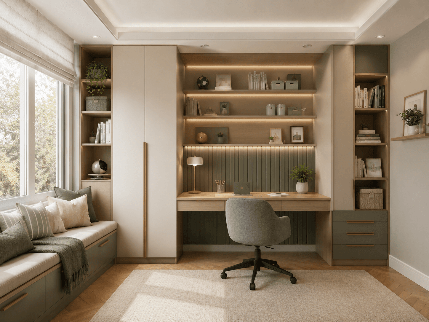 Premium study room with window bench, warm wood storage, soft sage finishes and a quiet reading area.