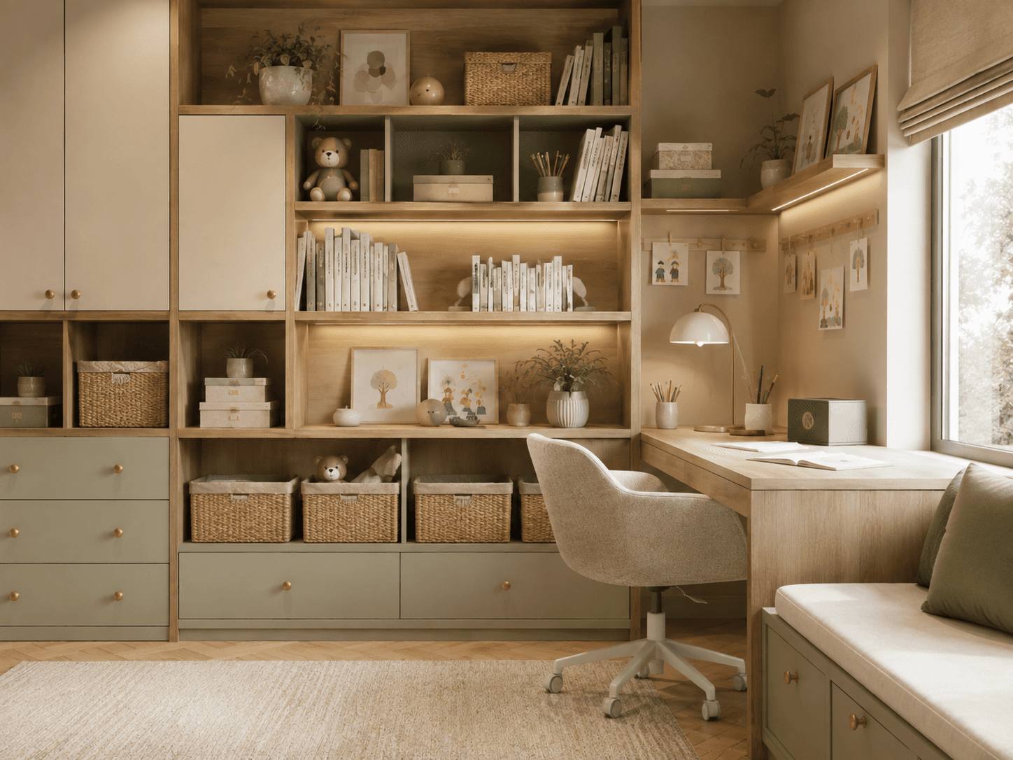 Built-in children's study storage with oak shelves, sage drawers, baskets, books and integrated task lighting.
