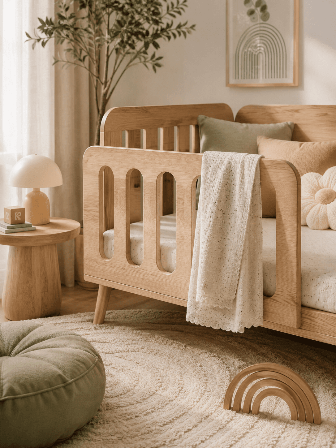 Close-up of rounded natural oak nursery cot with textured linen, warm lamp, sage cushion and soft neutral finishes.