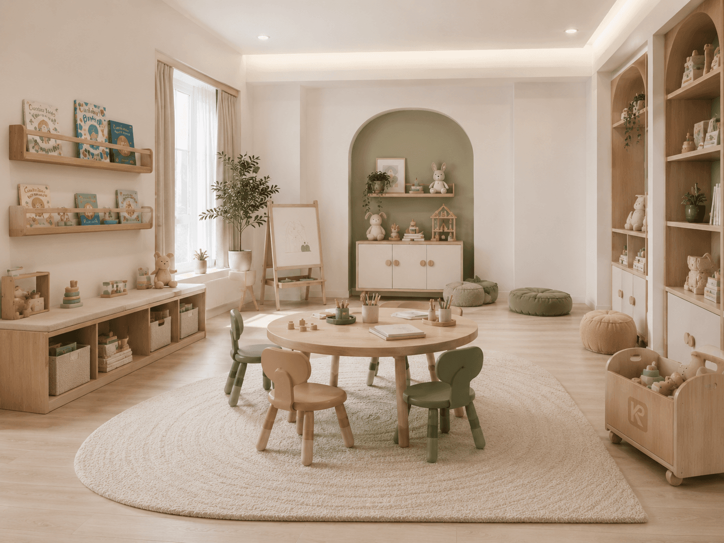Calm child-height learning and play area with oak shelving, art station, books and soft sage seating.