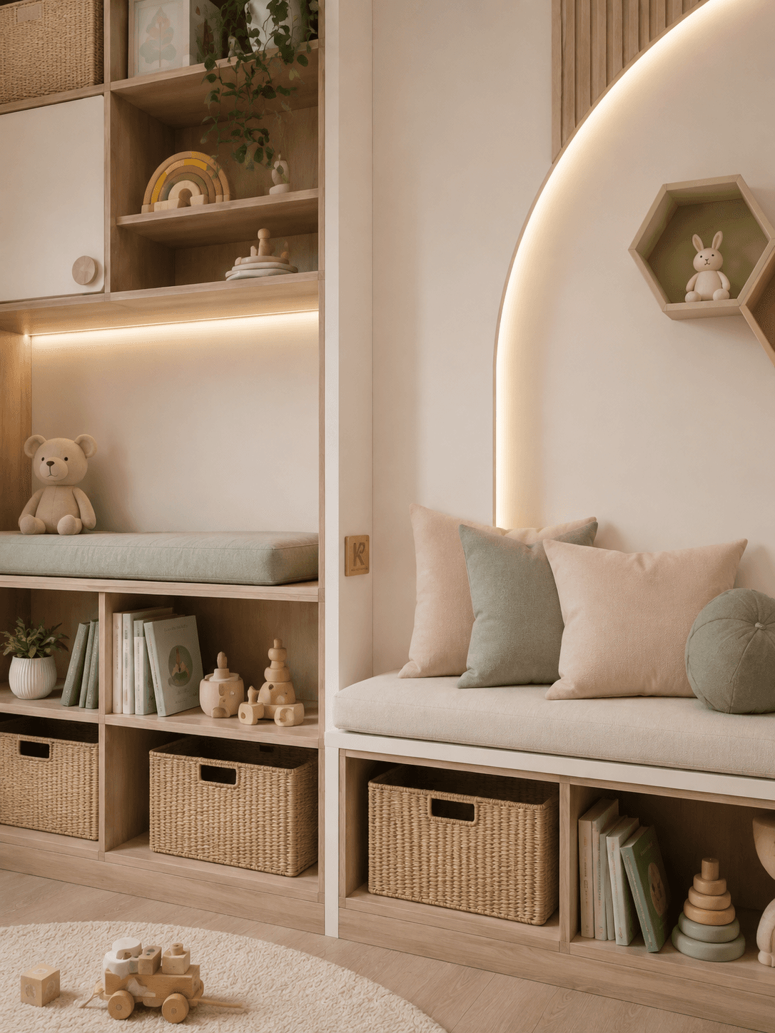 Close-up of built-in nursery reading nook with woven baskets, oak shelving, soft cushions and warm integrated lighting.