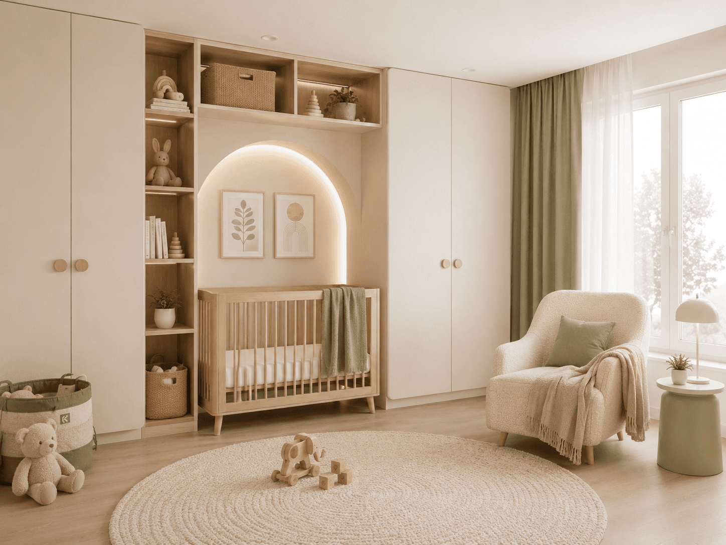 Built-in nursery sleep zone with oak cot, surrounding storage, soft lighting and comfortable parent chair.