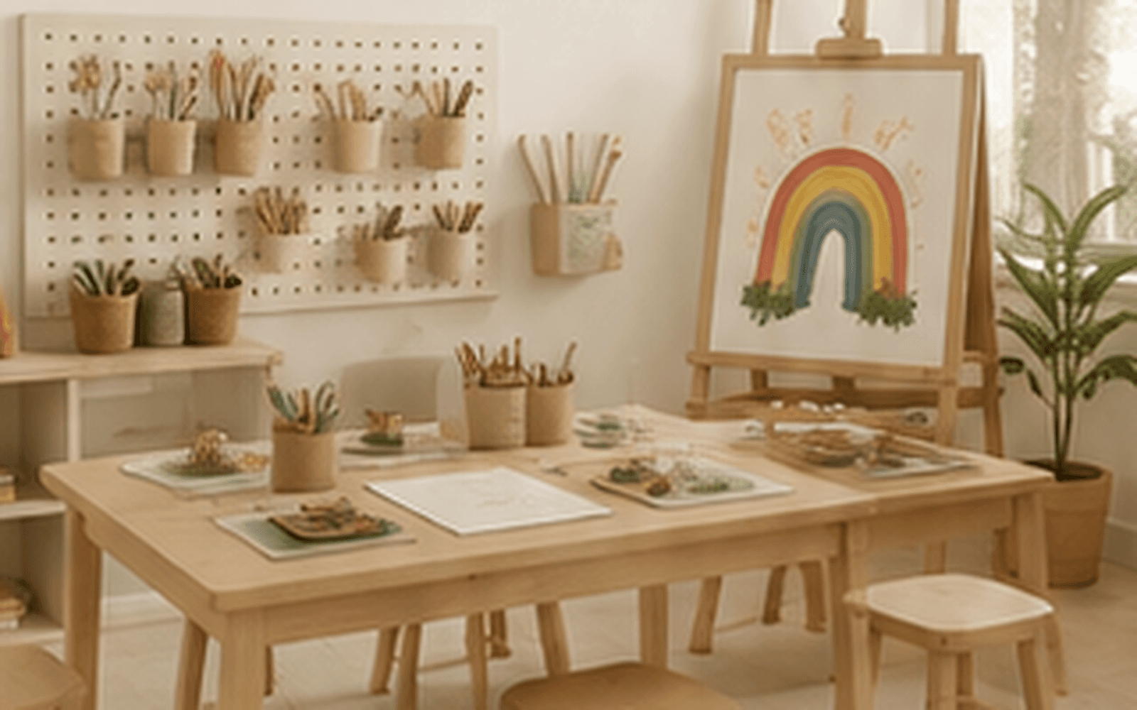 Child-height creative studio with natural wood art table, pegboard storage, craft materials and soft daylight.