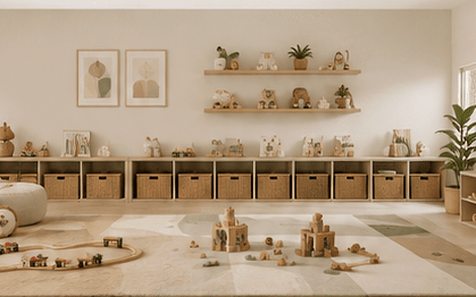 Calm open play zone with low storage, natural wood toys, flexible floor space and warm neutral finishes.