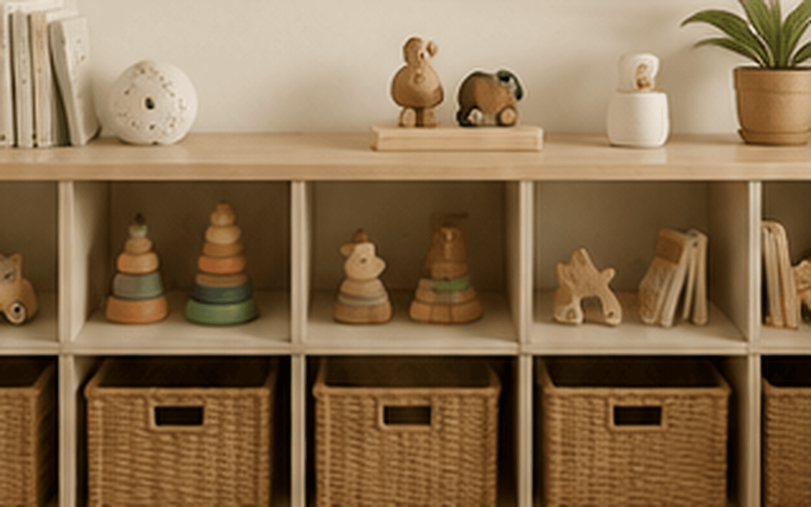 Child-height natural wood storage with woven baskets, books and toys arranged in accessible open shelving.
