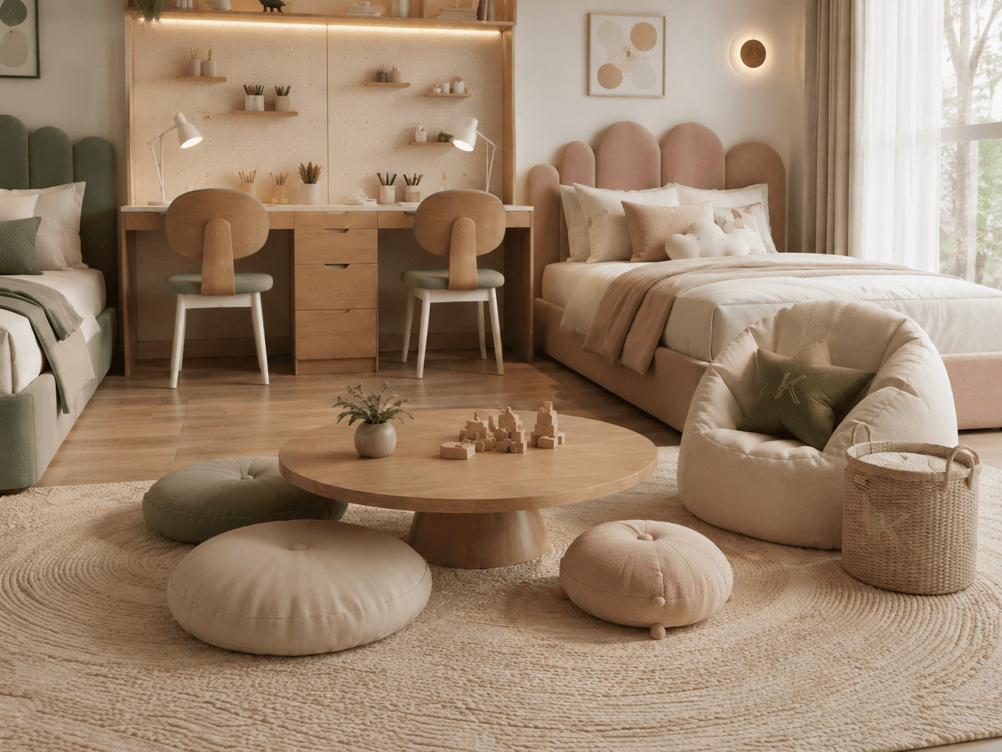 Calm shared children's play and reading zone with low table, soft floor seating, warm natural wood and muted colours.