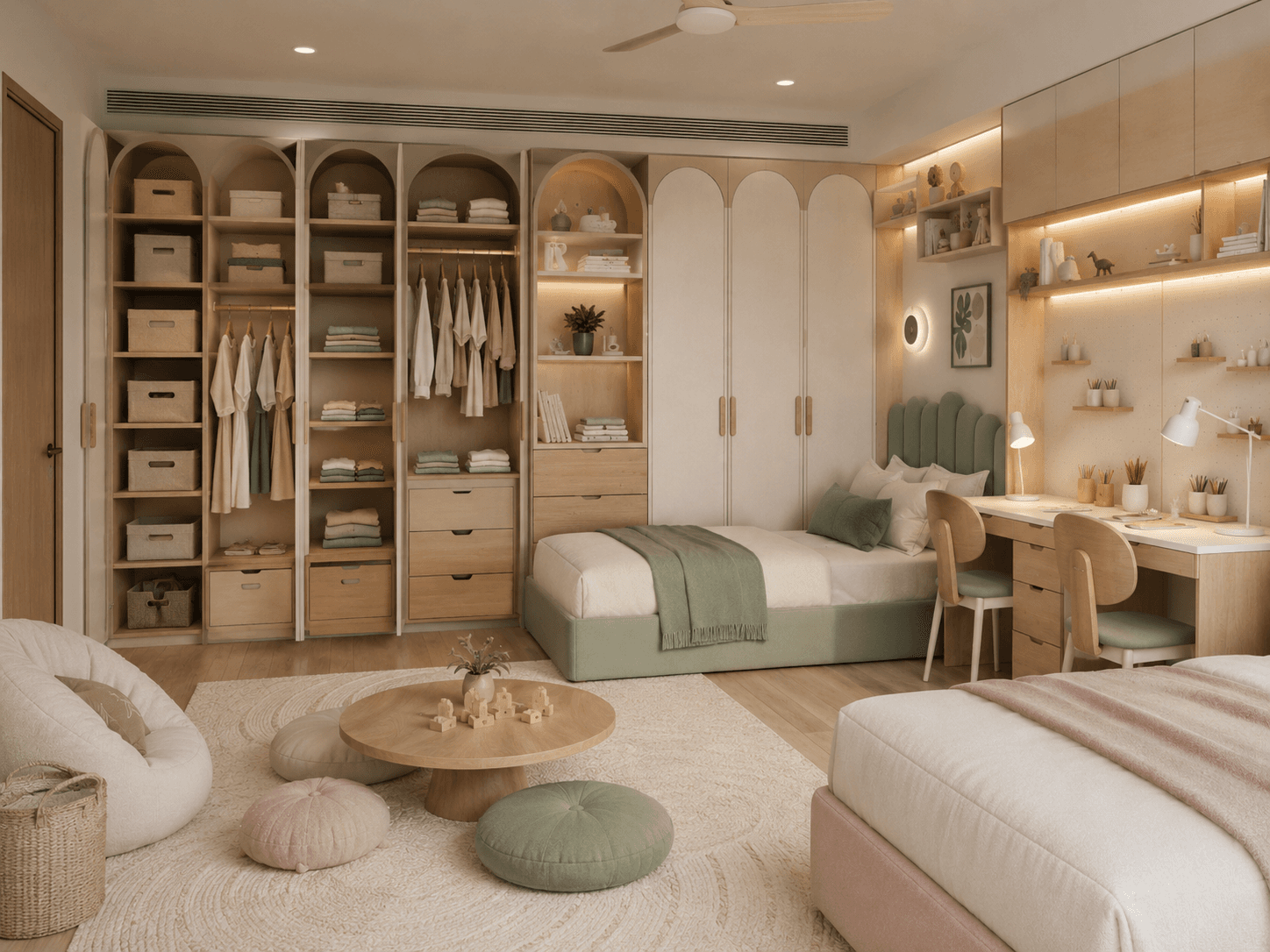 Close-up view of premium shared-bedroom joinery, integrated lighting, warm oak detailing and softly differentiated sibling accents.