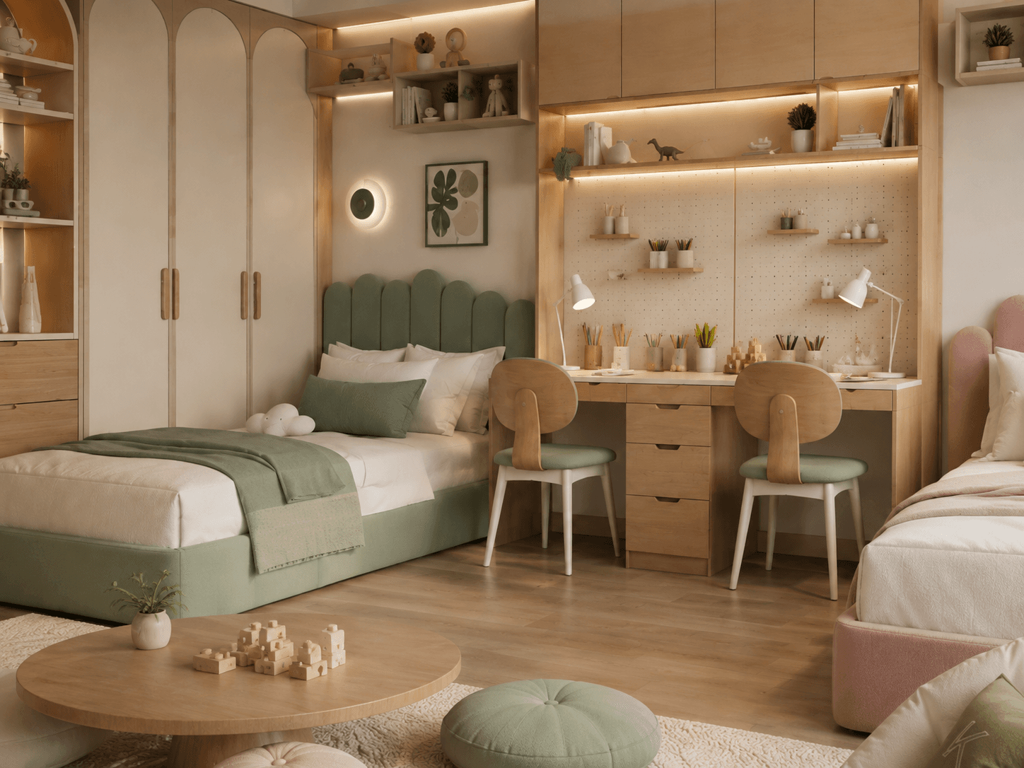 Premium shared bedroom storage with separate sibling wardrobes, drawers, shelves and child-height organisation.