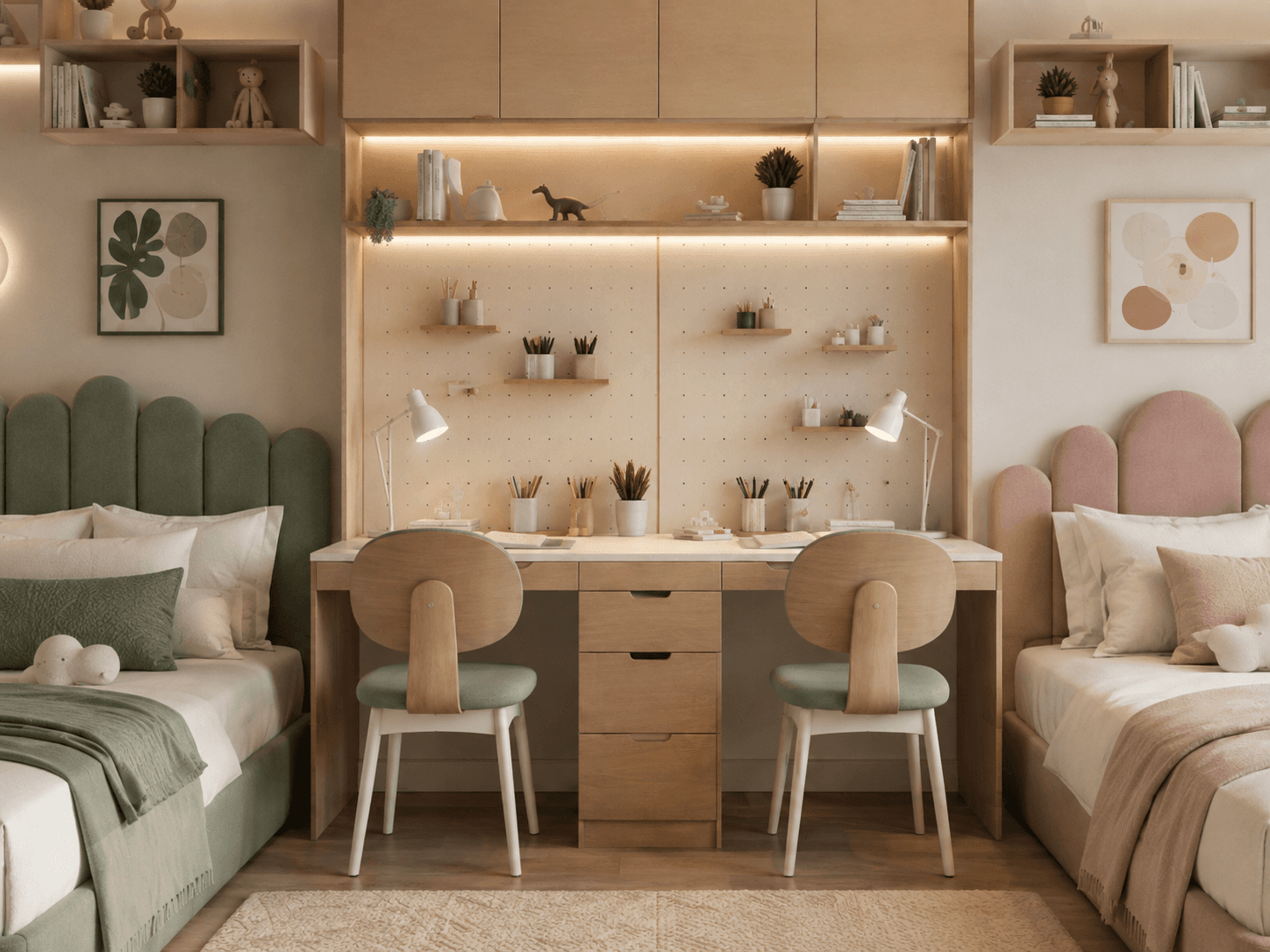 Twin child study zone with two desks, integrated task lighting, individual drawers and warm oak built-in storage.