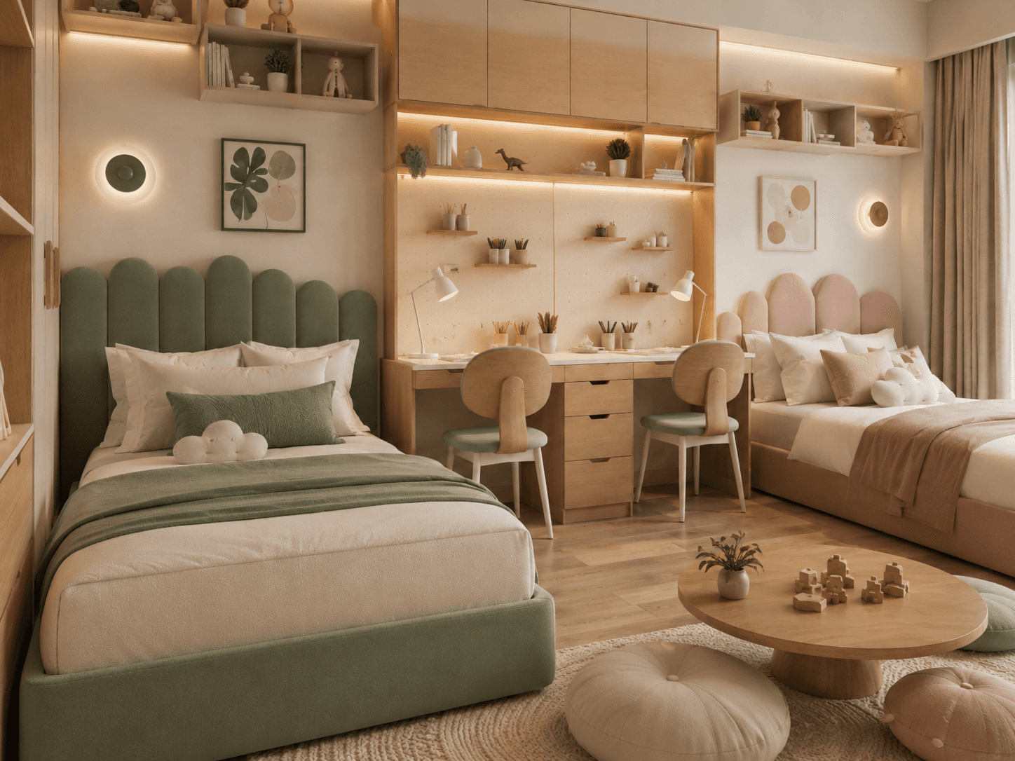Shared sibling bedroom with two distinct sleeping zones, coordinated materials and individual colour accents.