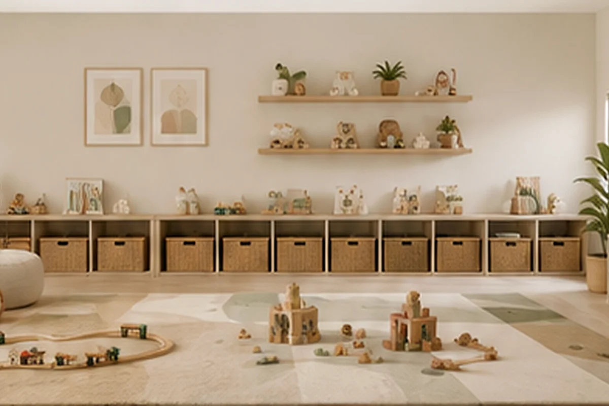 An open-floor play zone featuring a low birch storage bench and round wool rug