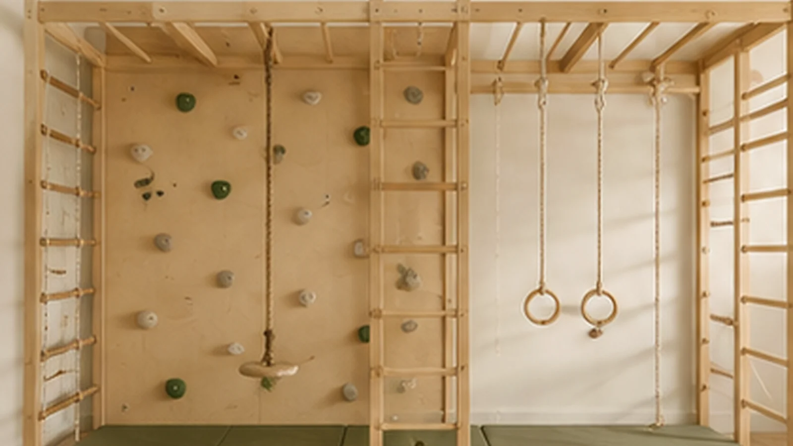 A 4-year-old child in linen playclothes climbing safely on a birch Swedish ladder above an organic crash mat in a sunlit Japandi room