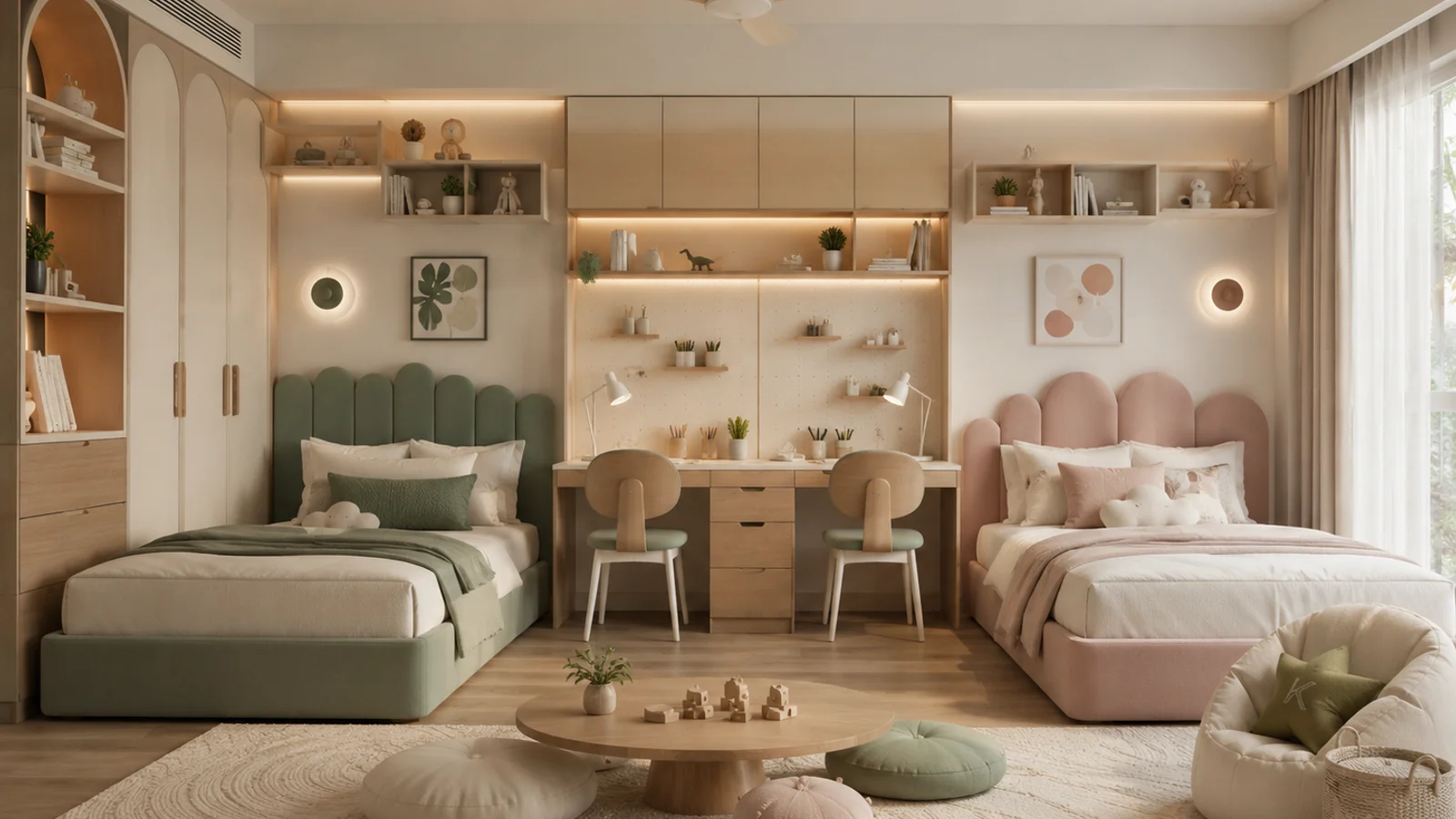 A beautifully zoned modern children's bedroom featuring separate sleep platform, study desk, and open play rug