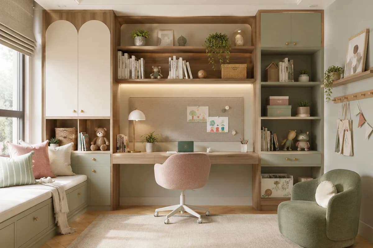 A child study desk nook with pegboard and ergonomic chair positioned away from visual distractions
