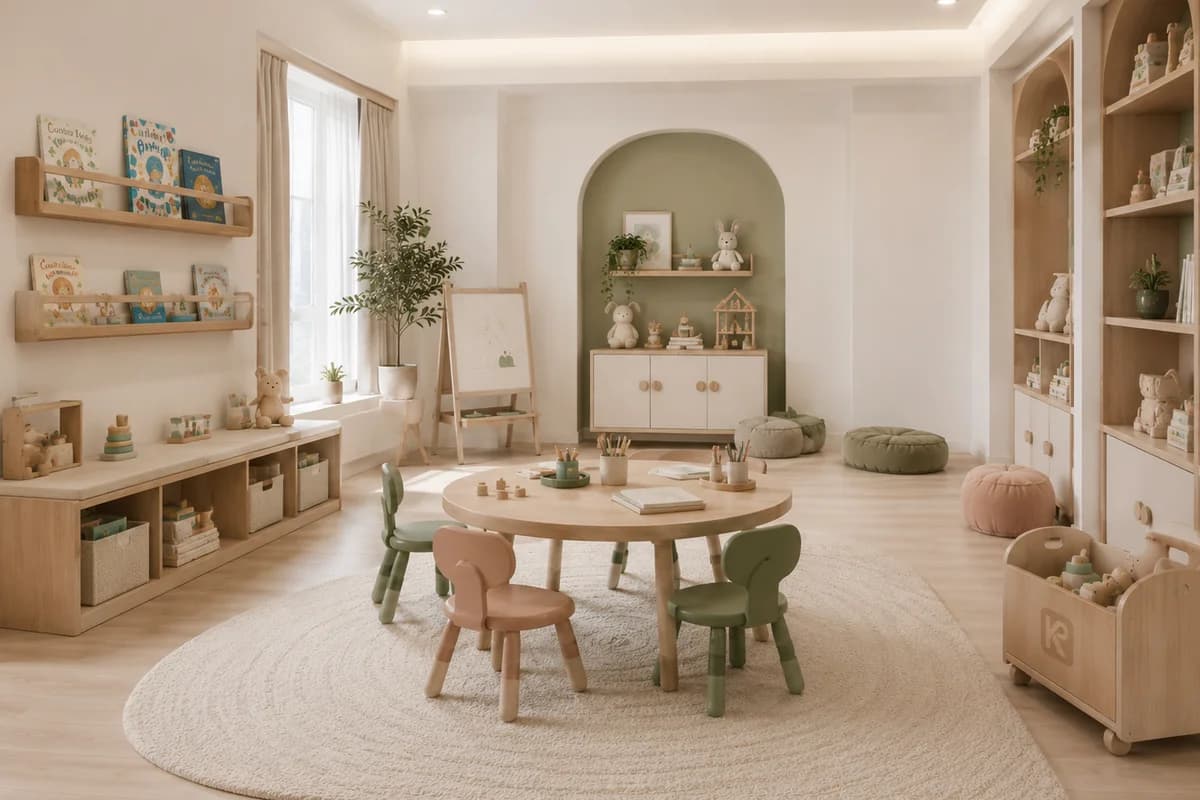 Child-height learning and play shelf with curated books and wooden toys in an accessible nursery setting