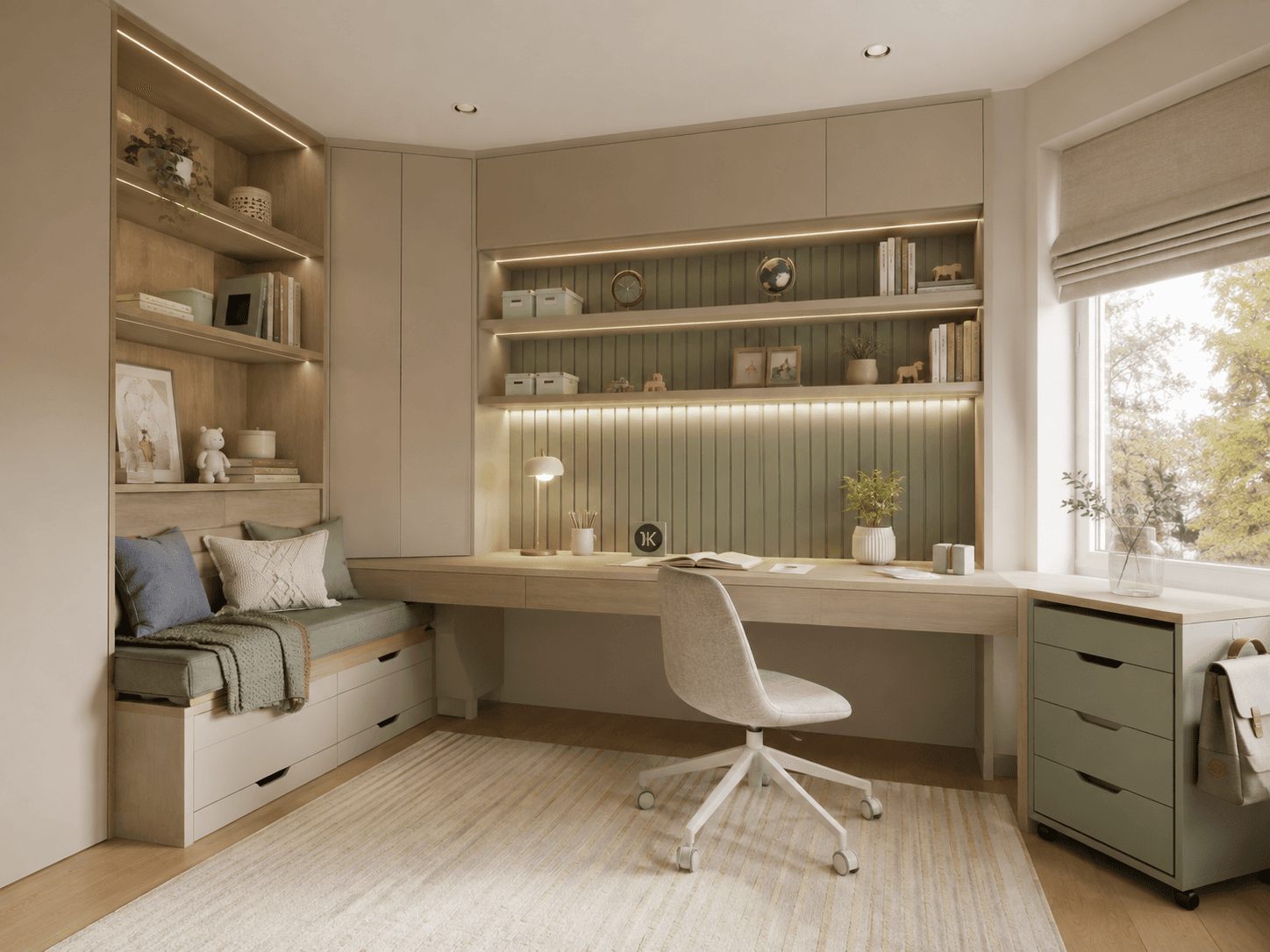 Premium children's study room with warm oak built-ins, sage cabinetry, integrated lighting, desk and window seating.