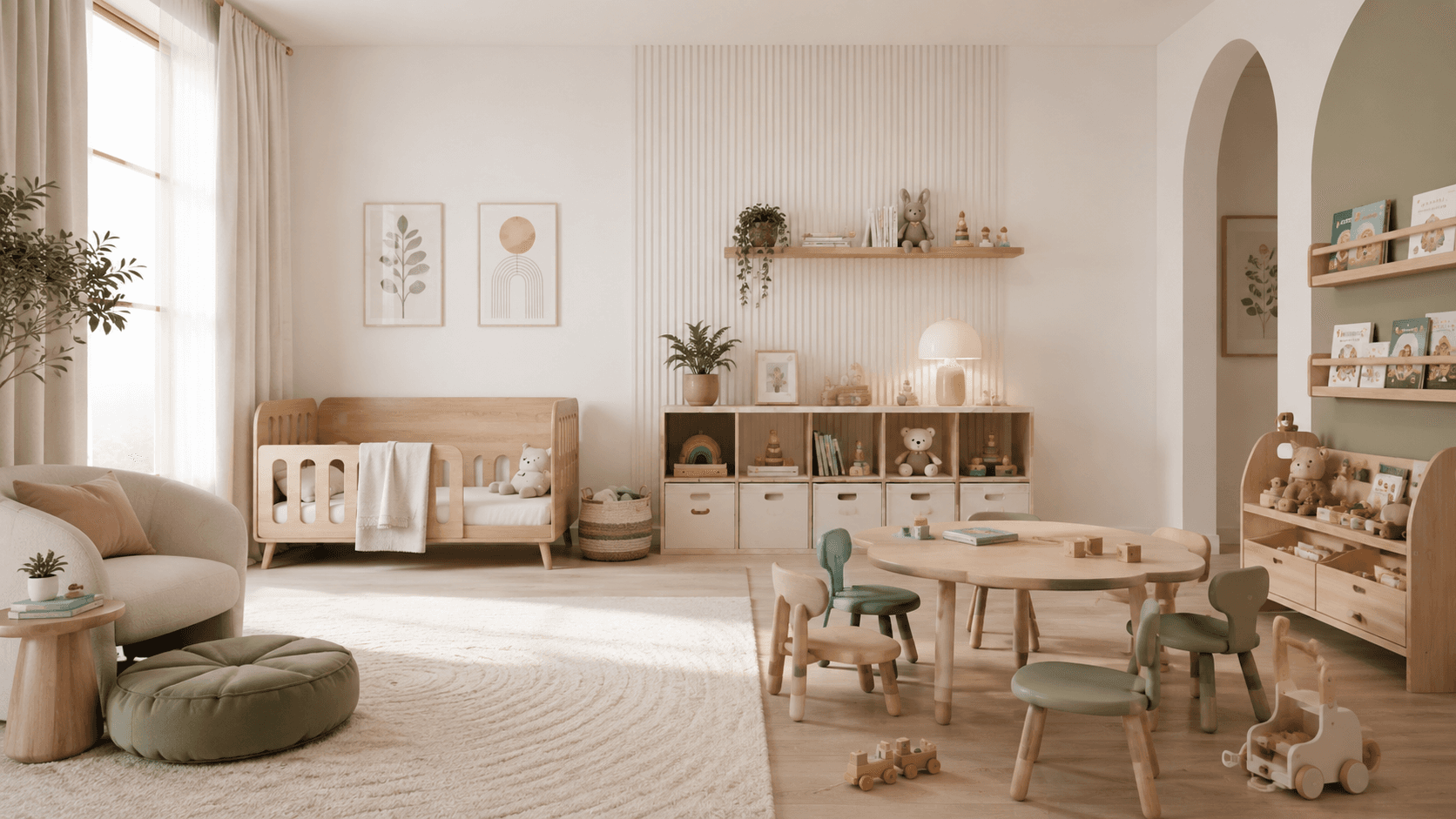 Warm premium nursery with natural oak furniture, soft sage accents, child-height play table and organized storage.