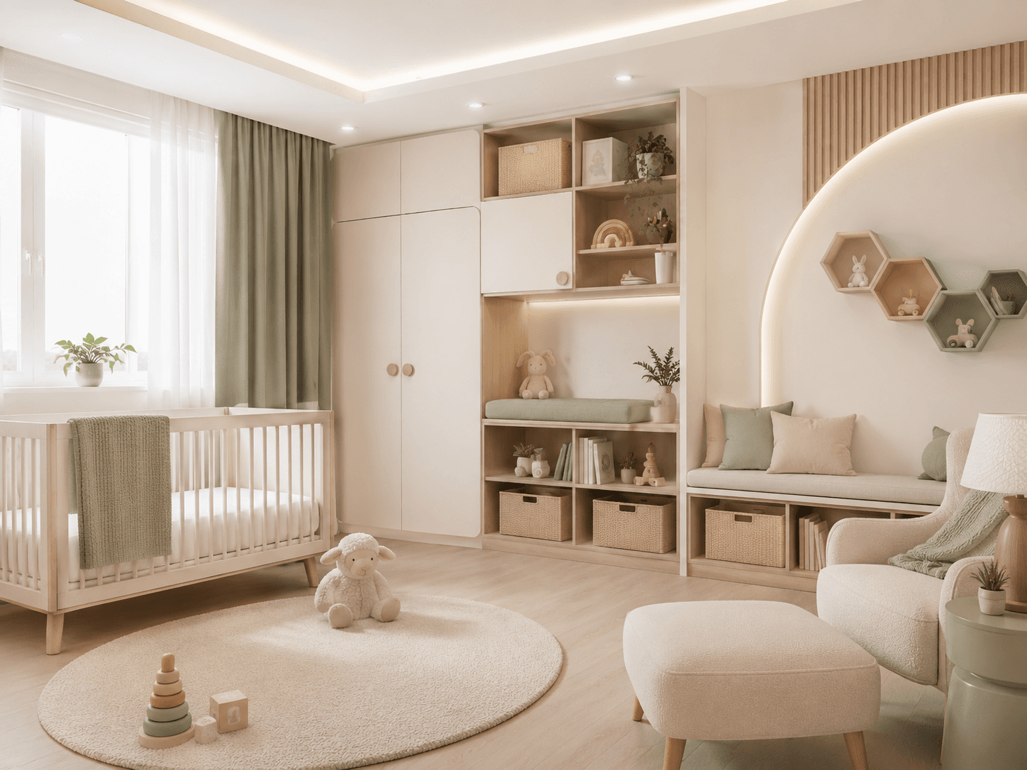 Premium nursery with cot, integrated storage, reading bench, warm oak details and soft sage accents.