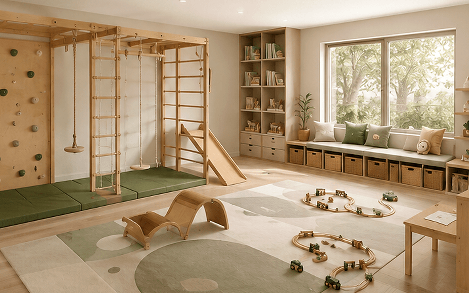 Premium children's play studio with natural wood climbing frame, integrated storage, open floor play and soft sage accents.