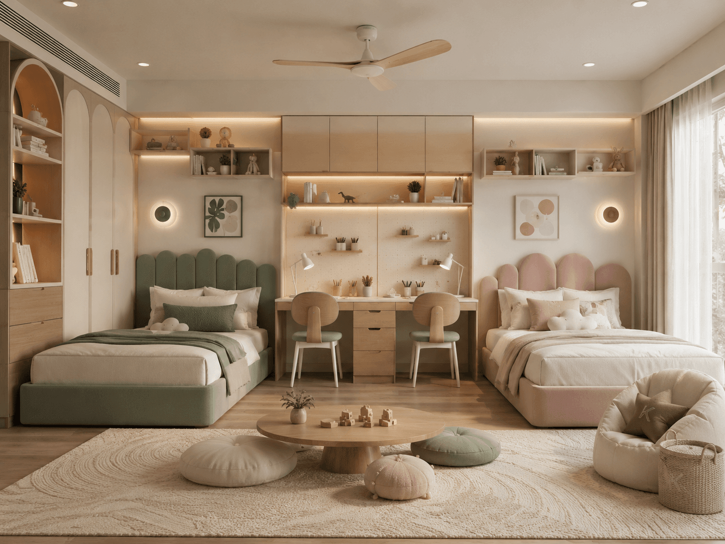 Premium shared children's bedroom with two individual beds, integrated twin study desks, warm oak cabinetry, sage and blush accents, and a calm shared play area.
